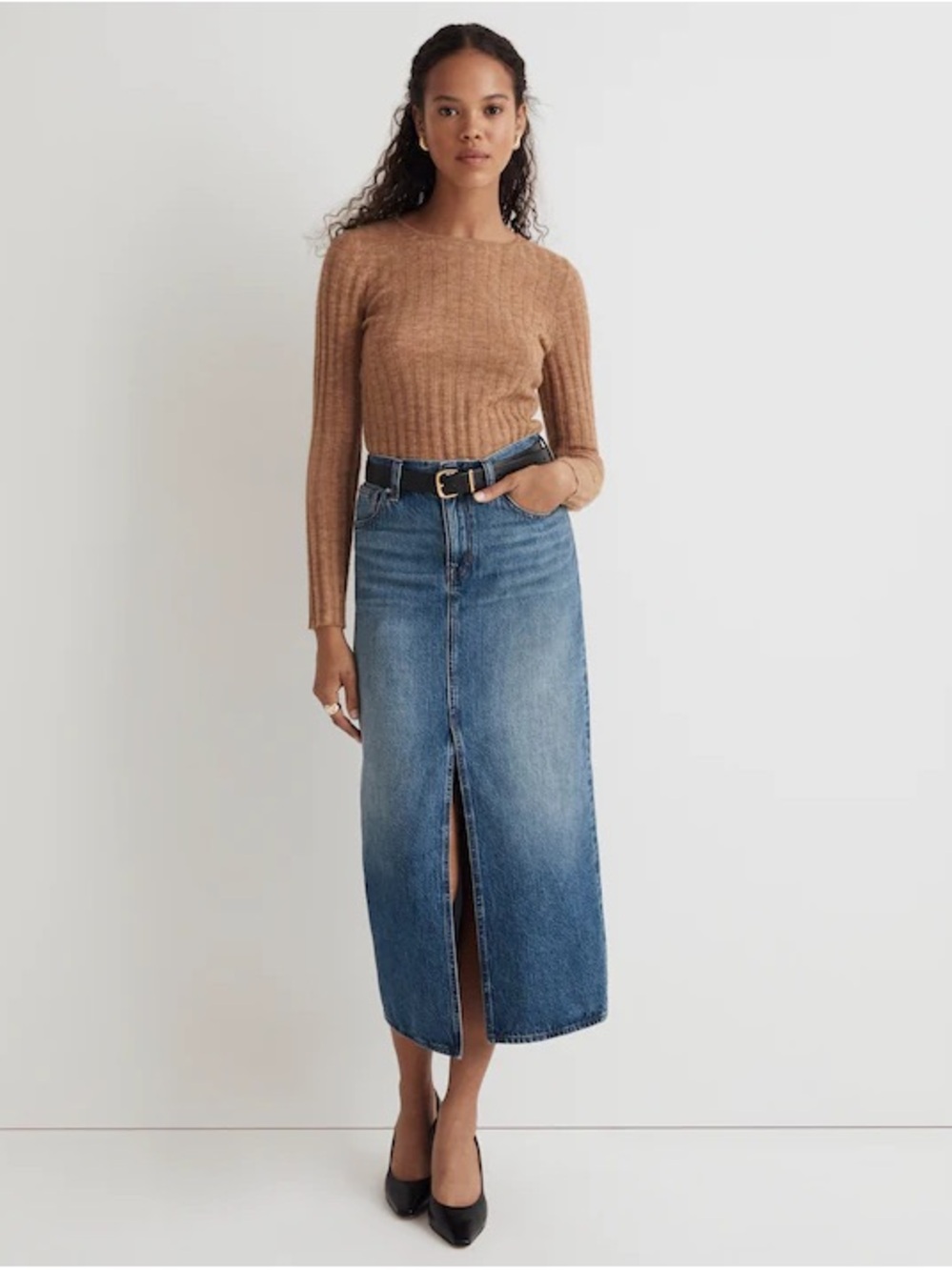 NWT Madewell Blue Denim Midi Skirt with Center Front Slit